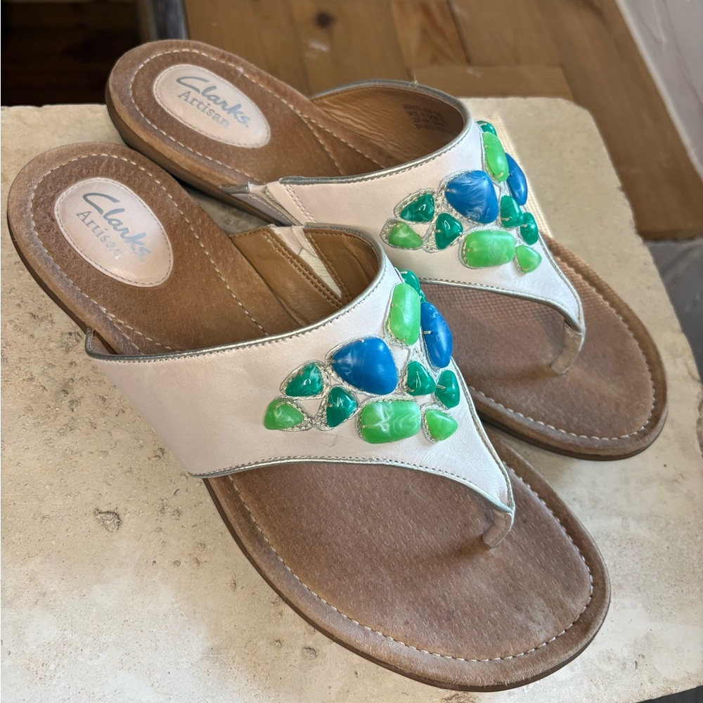 Clarks White Leather Jeweled Thong Sandals with Blue & Green Accents